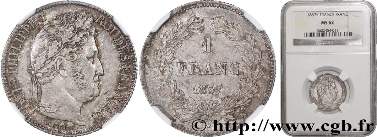 1 franc Louis-Philippe, couronne de chêne 1837 Bordeaux F.210/59 SUP62 NGC