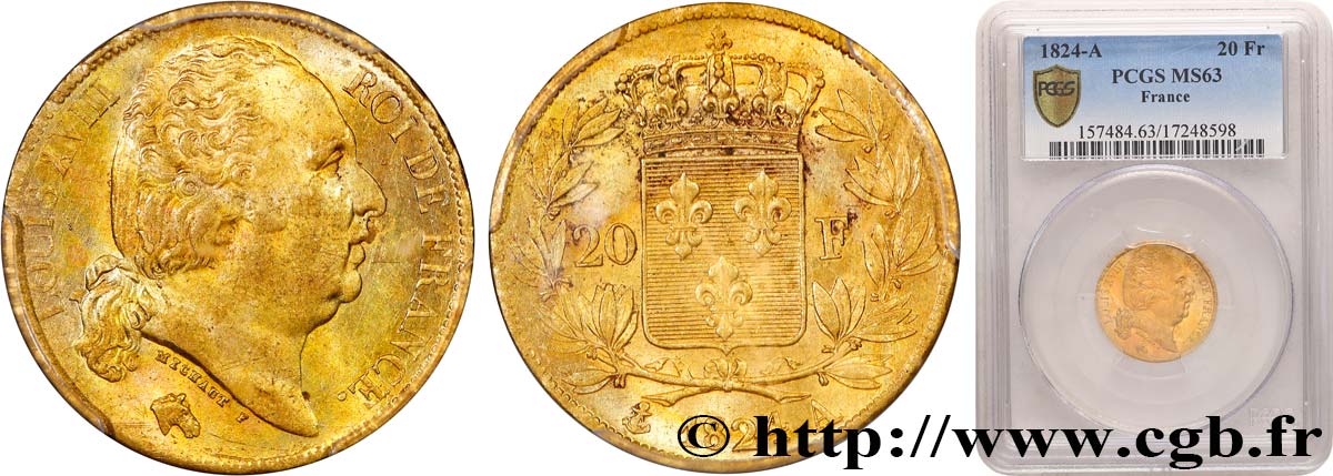 20 francs or Louis XVIII, tête nue 1824 Paris F.519/31 SPL63 PCGS