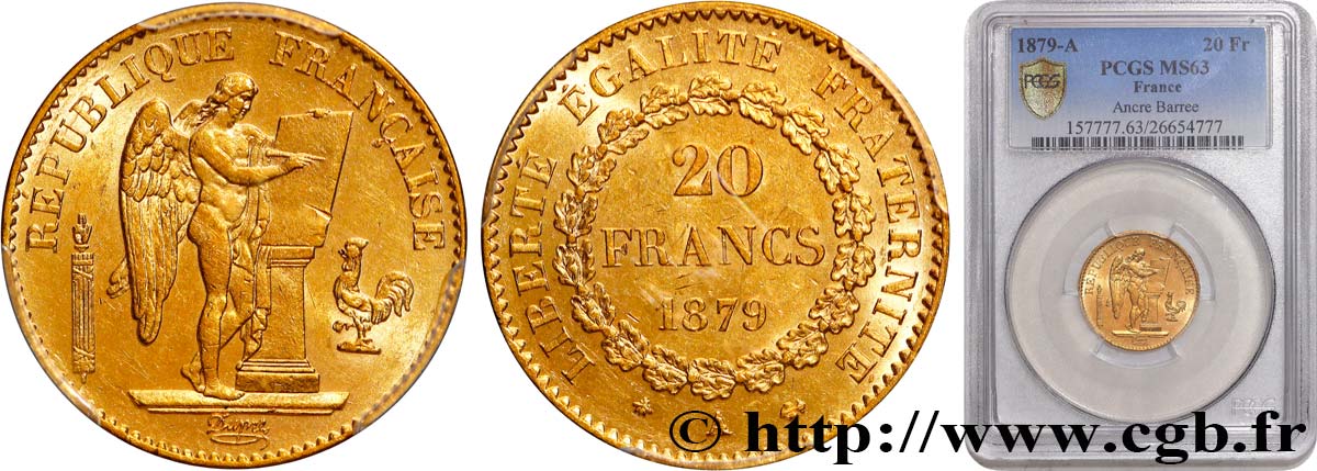 20 francs génie, Troisième république 1879 Paris F.533/8 SPL63 PCGS