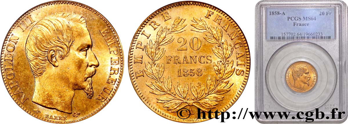 20 francs or Napoléon III, tête nue 1858 Paris F.531/13 MS64 PCGS