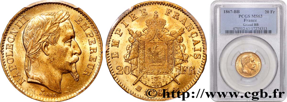 20 francs or Napoléon III, tête laurée, Grand BB 1867 Strasbourg F.532/17 SC63 PCGS
