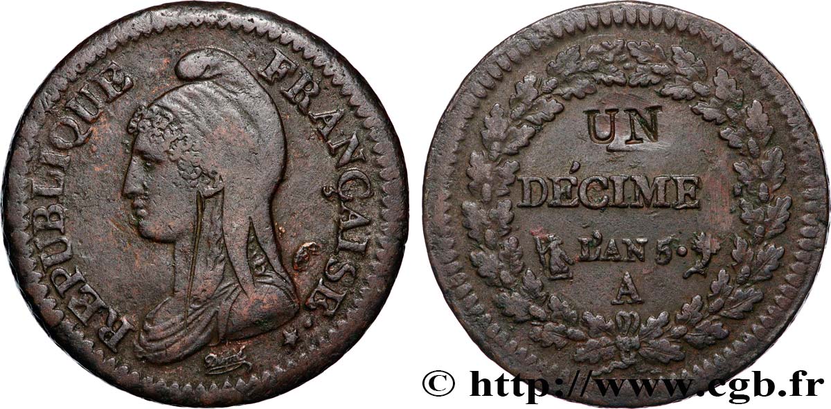 Un décime Dupré, modification du 2 décimes 1797 Paris F.127/5 TB+ 