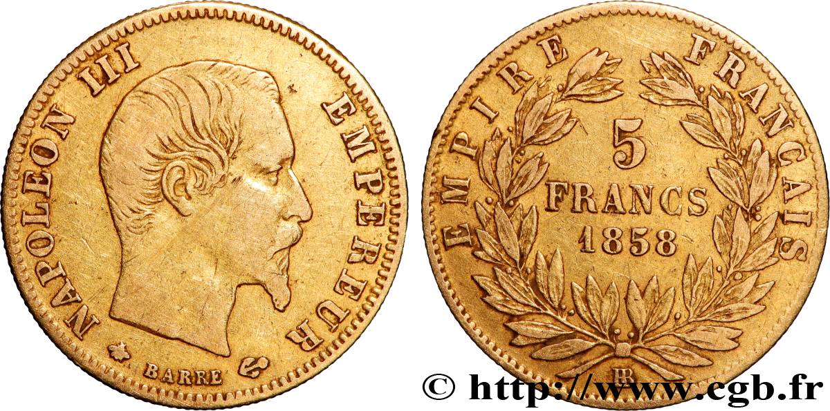 5 francs or Napoléon III, tête nue, grand module 1858 Strasbourg F.501/6 BC 