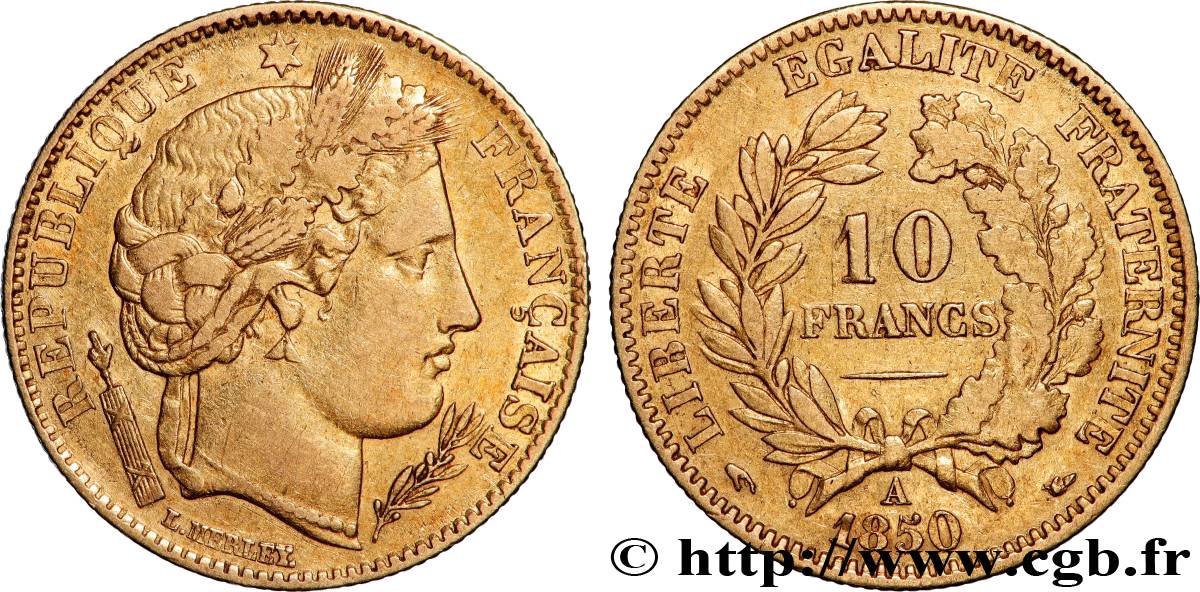 10 francs or Cérès, IIe République, levrette oreille haute 1850 Paris F.504/1 BC+ 
