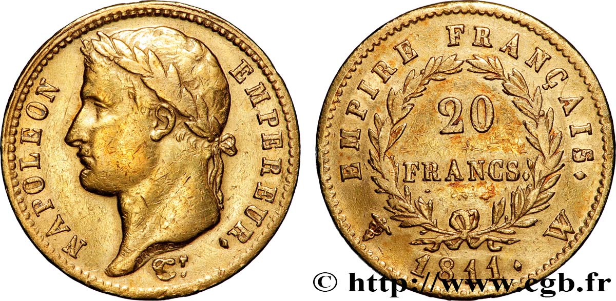 20 francs or Napoléon, tête laurée, Empire français 1811 Lille F.516/21 TB+ 