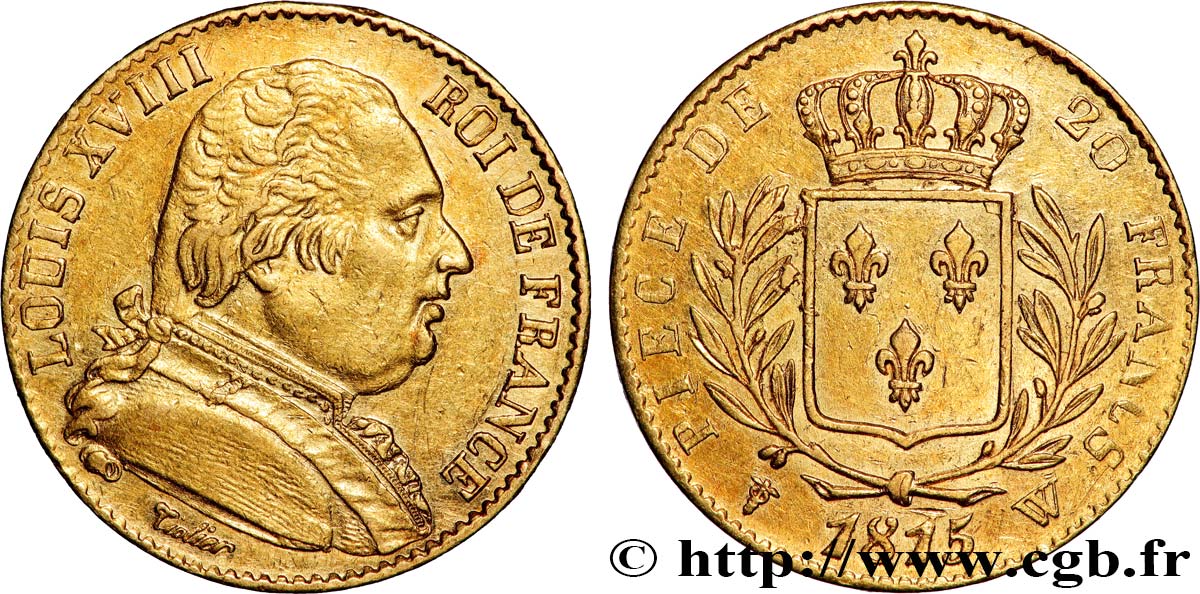 20 francs or Louis XVIII, buste habillé 1815 Lille F.517/18 q.SPL 