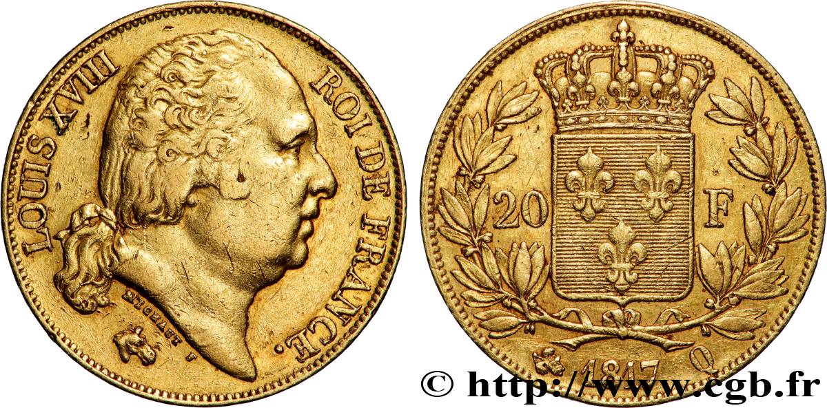 20 francs or Louis XVIII, tête nue 1817 Perpignan F.519/8 TTB 