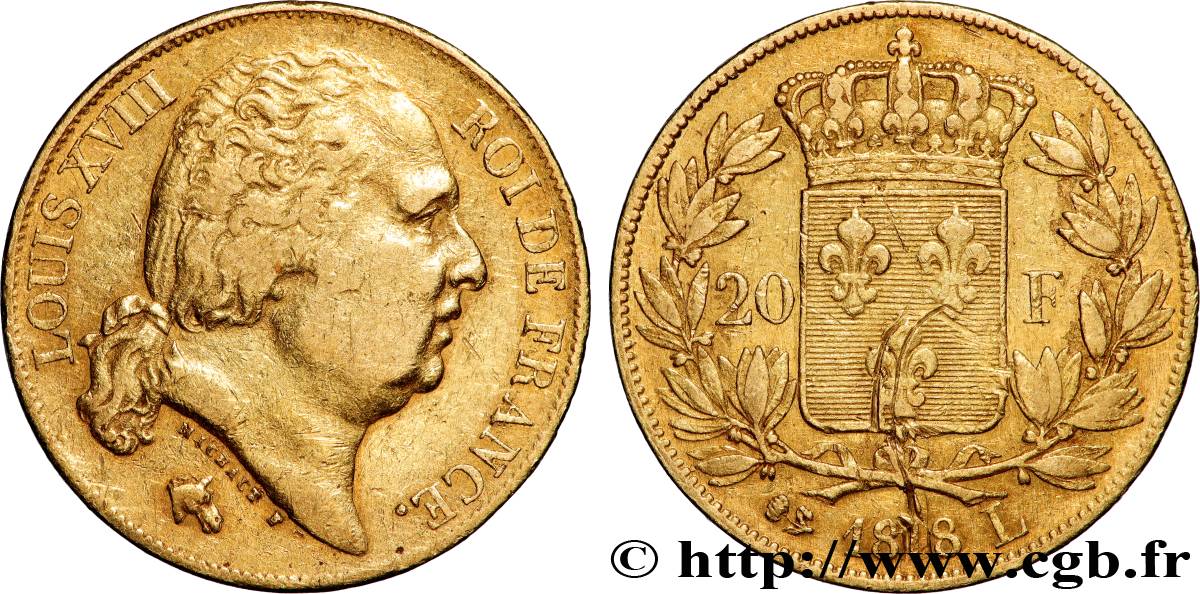 20 francs or Louis XVIII, tête nue 1818 Bayonne F.519/11 TB+ 