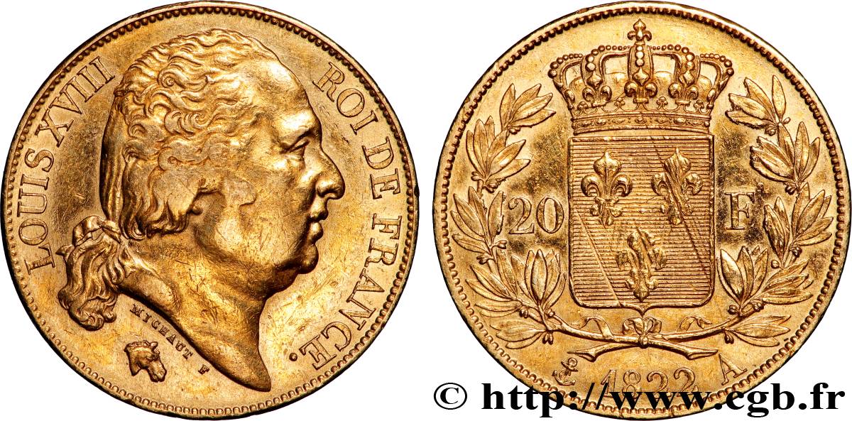 20 francs or Louis XVIII, tête nue 1822 Paris F.519/26 TTB 