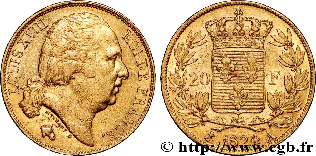 20 francs or Louis XVIII, tête nue 1824 Paris F.519/31 TTB 