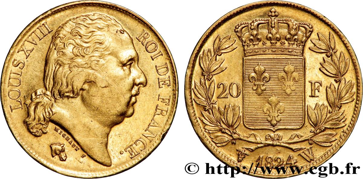 20 francs or Louis XVIII, tête nue 1824 Lille F.519/34 TTB 
