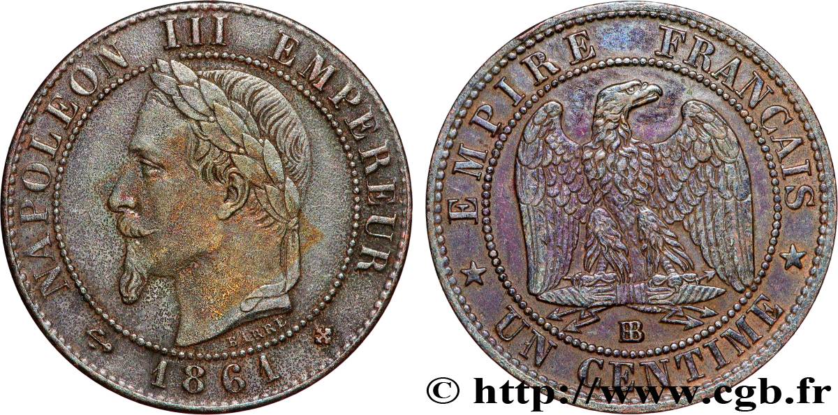 Un centime Napoléon III, tête laurée 1861 Strasbourg F.103/2 MB 