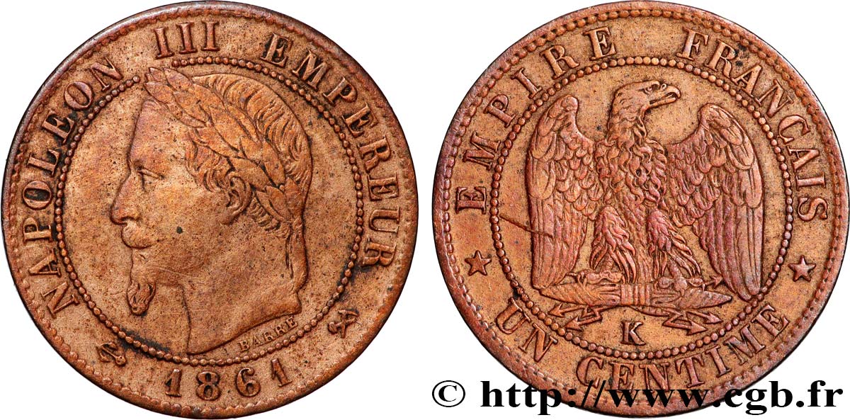 Un centime Napoléon III, tête laurée 1861 Bordeaux F.103/3 S 