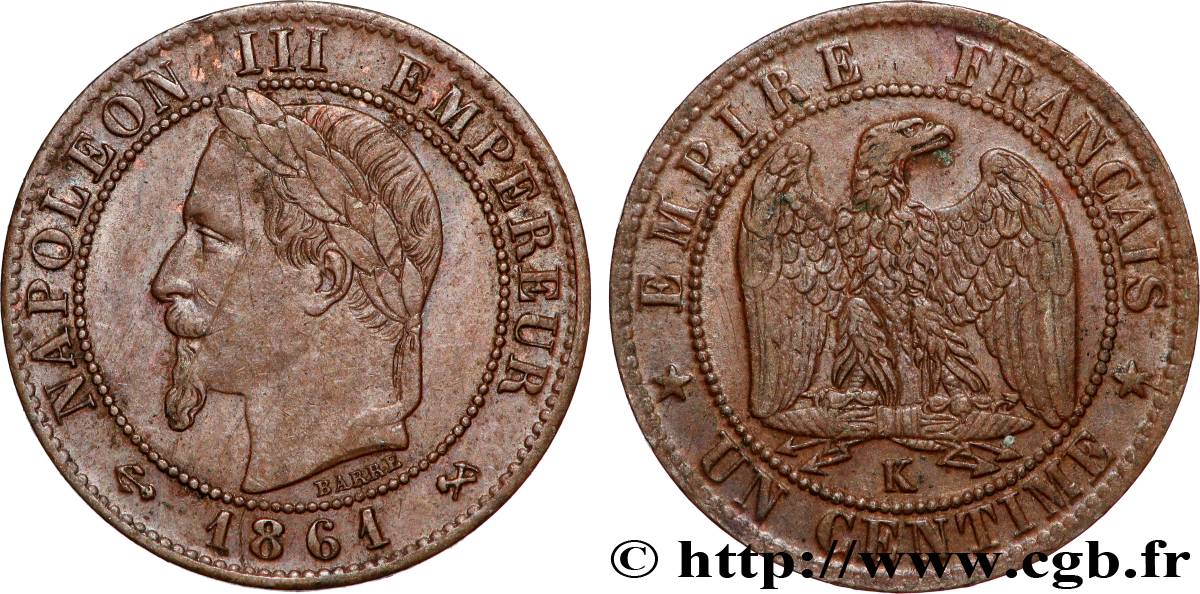 Un centime Napoléon III, tête laurée 1861 Bordeaux F.103/3 TB 