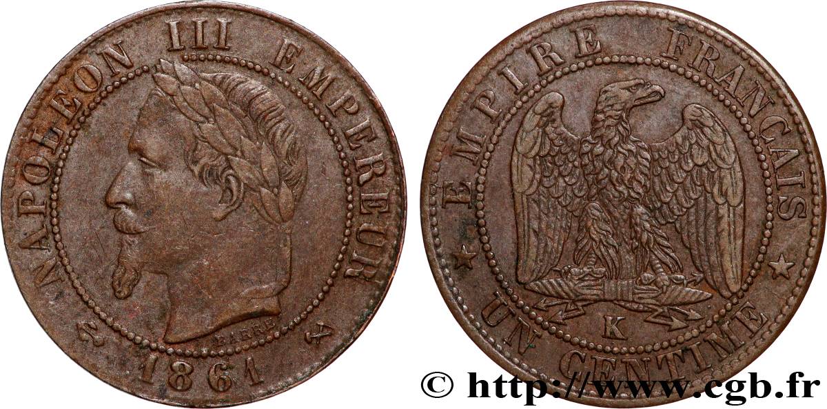 Un centime Napoléon III, tête laurée 1861 Bordeaux F.103/3 VF 