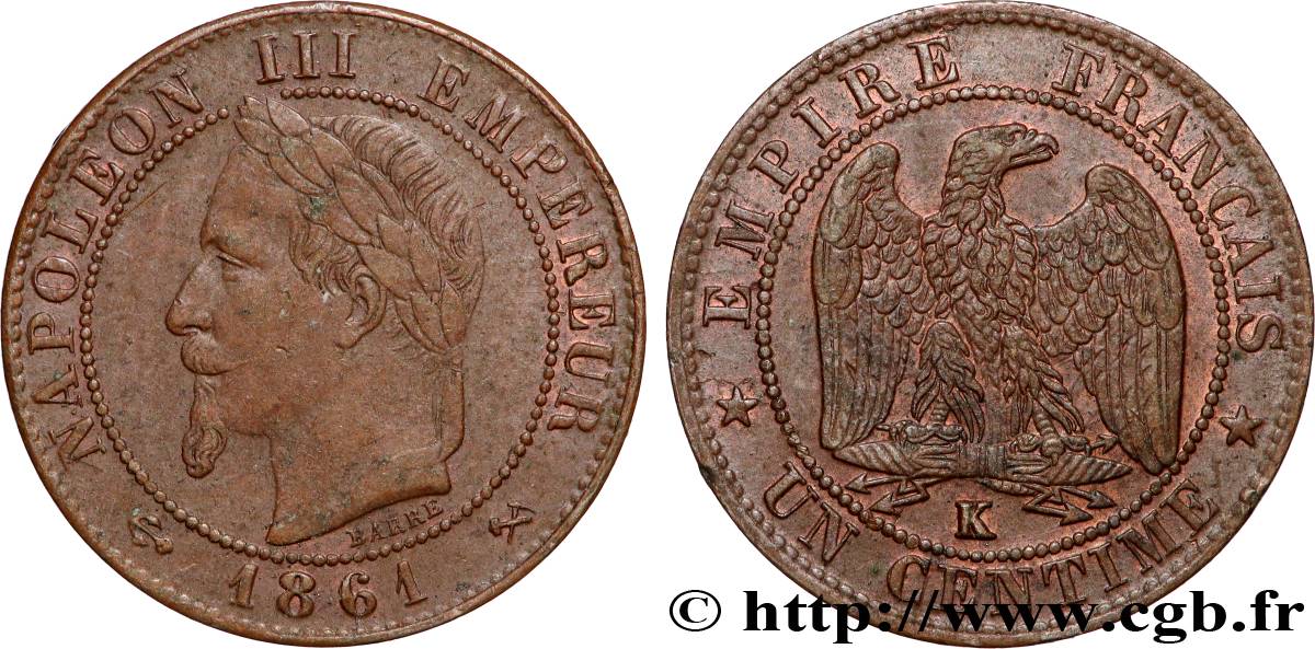 Un centime Napoléon III, tête laurée 1861 Bordeaux F.103/3 VF 
