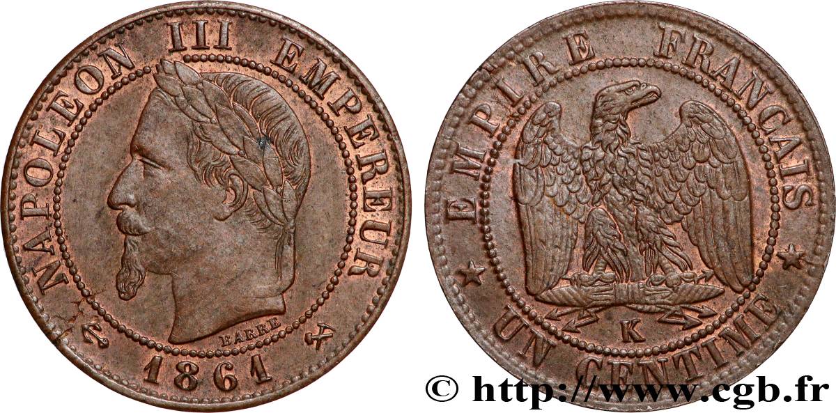 Un centime Napoléon III, tête laurée 1861 Bordeaux F.103/3 VF 