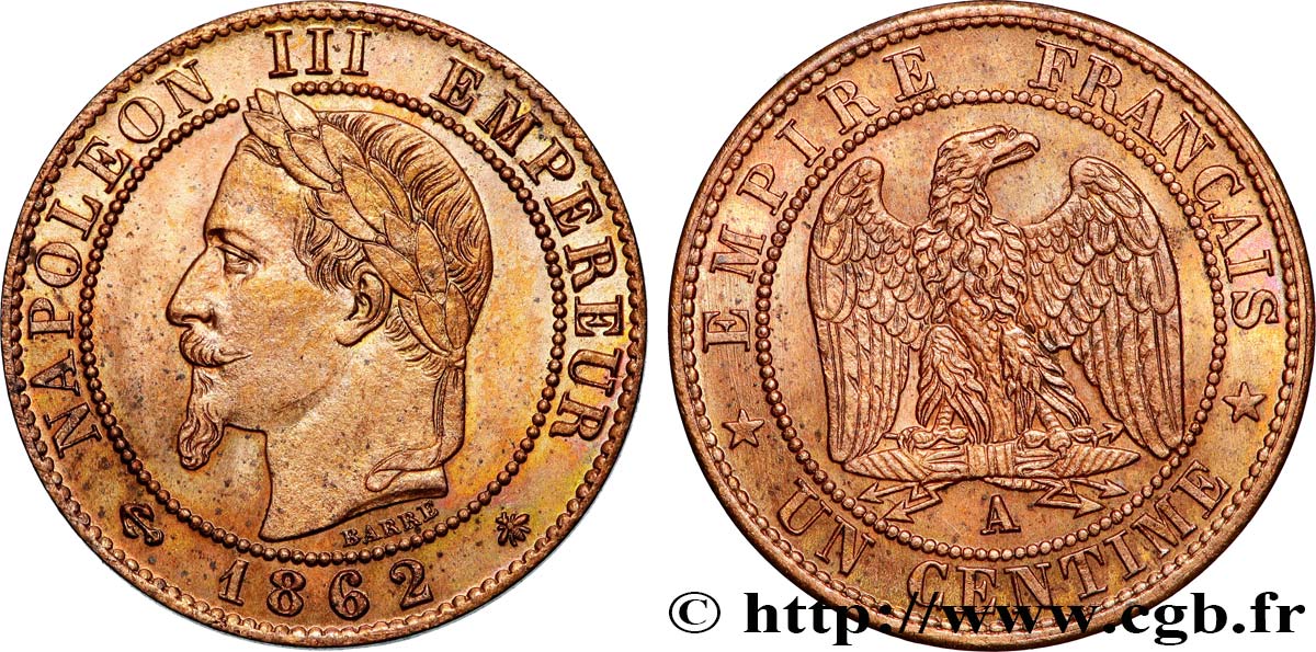 Un centime Napoléon III, tête laurée 1862 Paris F.103/4 q.SPL 