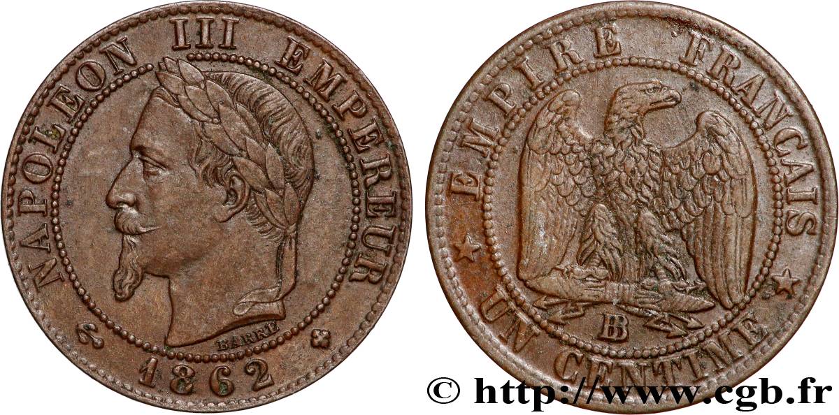 Un centime Napoléon III, tête laurée 1862 Strasbourg F.103/6 TTB+ 