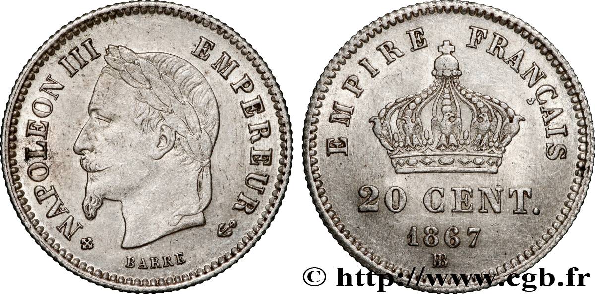 20 centimes Napoléon III, tête laurée, grand module 1867 Strasbourg F.150/2 AU 