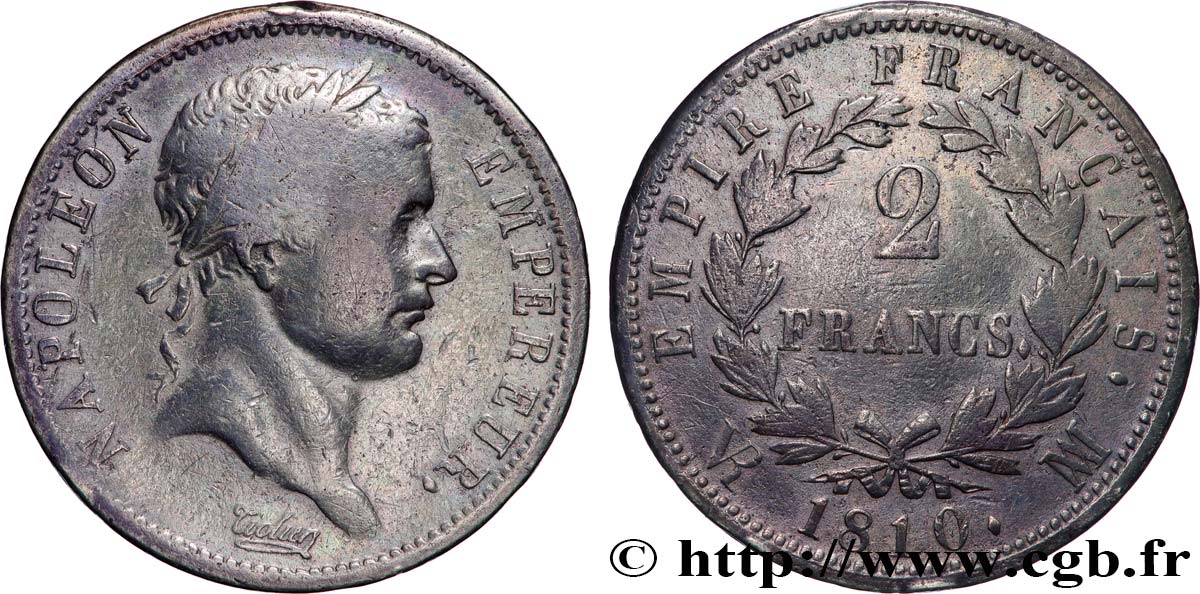 2 francs Napoléon Ier tête laurée, Empire français 1810 Marseille F.255/20 F15 