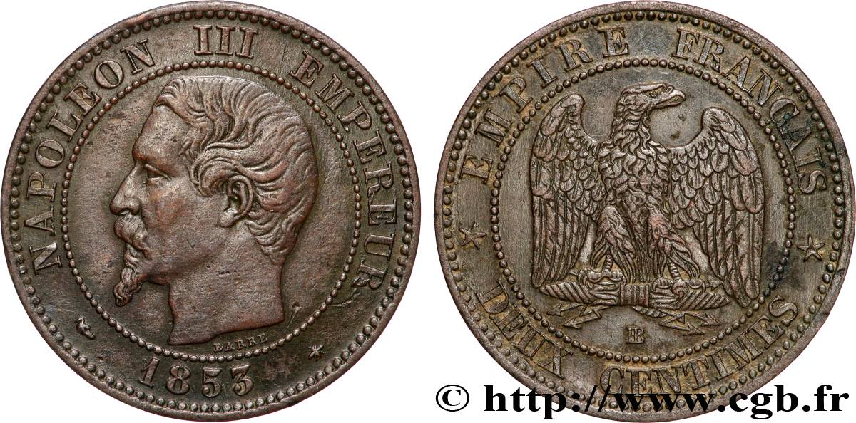 Deux centimes Napoléon III, tête nue 1853 Strasbourg F.107/3 BB 