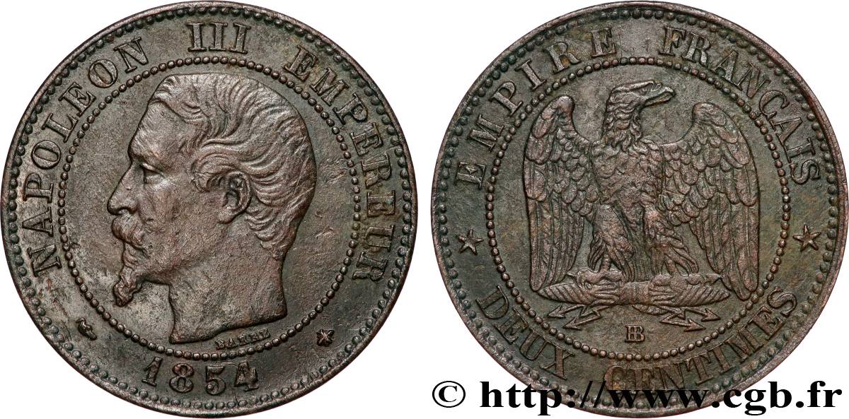 Deux centimes Napoléon III, tête nue 1854 Strasbourg F.107/11 TTB+ 