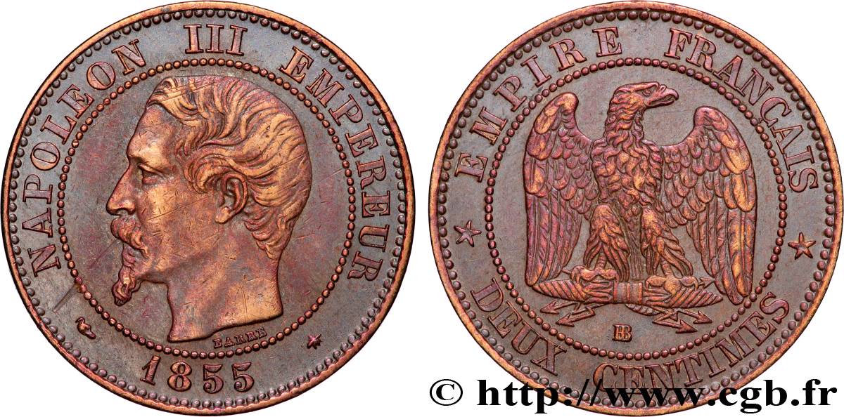 Deux centimes Napoléon III, tête nue, différent levrette 1855 Strasbourg F.107/23 XF 