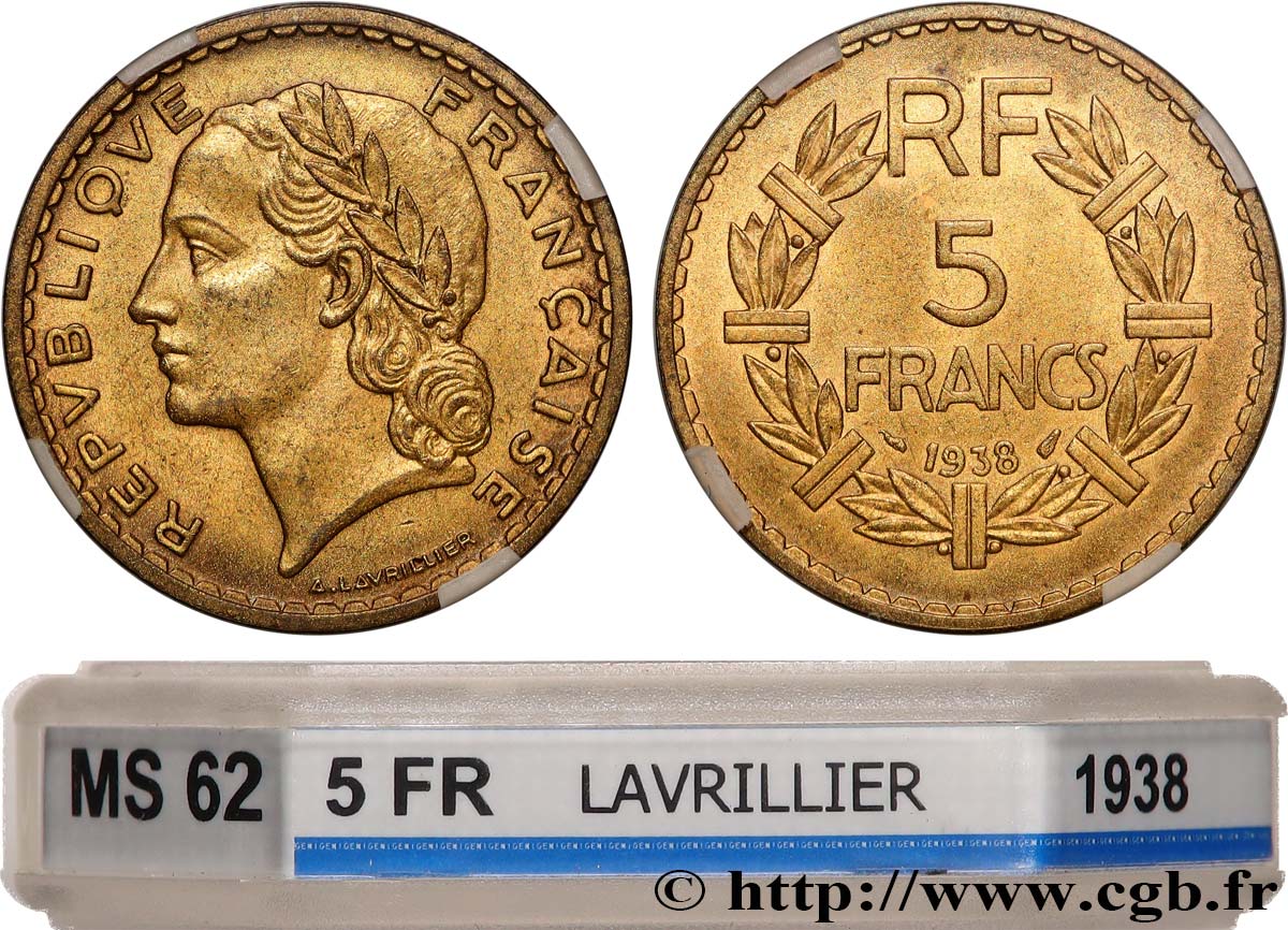 5 francs Lavrillier, bronze-aluminium 1938  F.337/1 SUP62 GENI