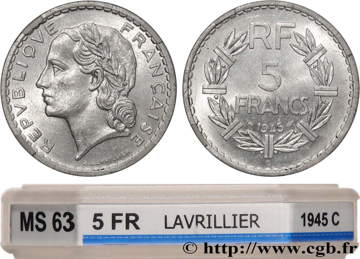 5 francs Lavrillier, aluminium 1945 Castelsarrasin F.339/5 MS63 GENI