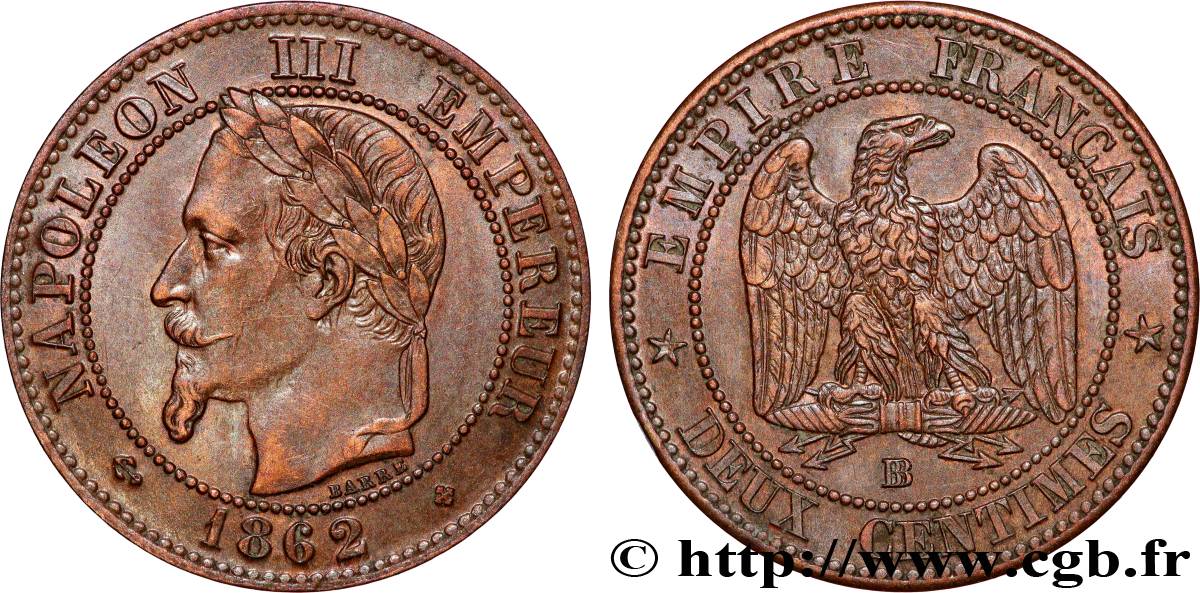 Deux centimes Napoléon III, tête laurée 1862 Strasbourg F.108A/6 AU 