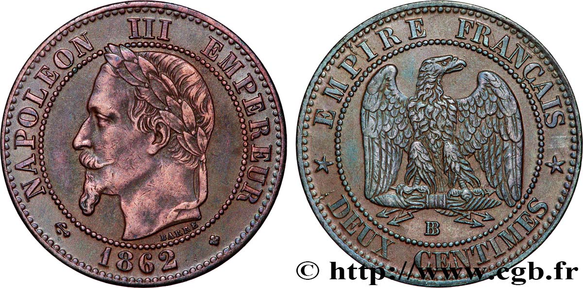 Deux centimes Napoléon III, tête laurée 1862 Strasbourg F.108A/6 AU 