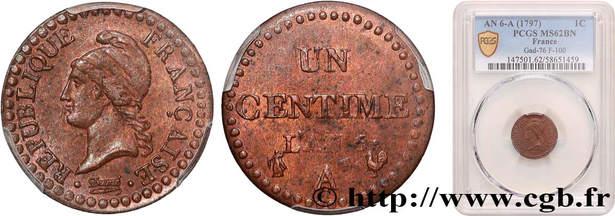 Un centime Dupré, 6 normal 1798 Paris F.100/3 SUP62 PCGS