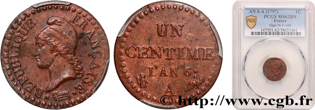 Un centime Dupré, 6 normal 1798 Paris F.100/3 SUP62 PCGS