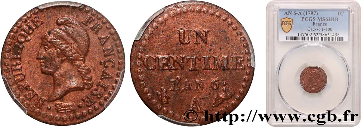 Un centime Dupré, 6 normal 1798 Paris F.100/3 SUP62 PCGS