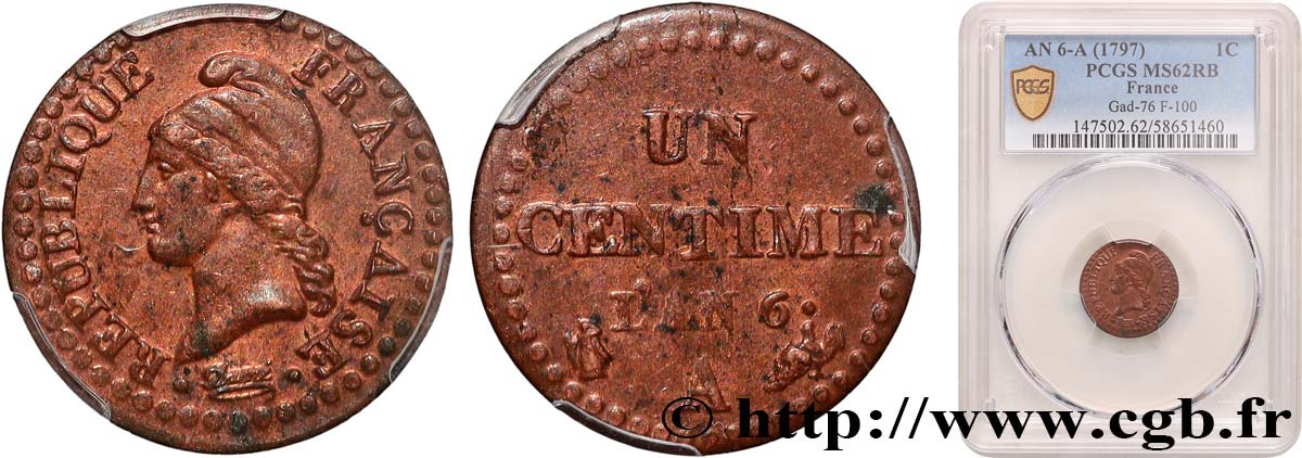 Un centime Dupré, 6 normal 1798 Paris F.100/3 SUP62 PCGS