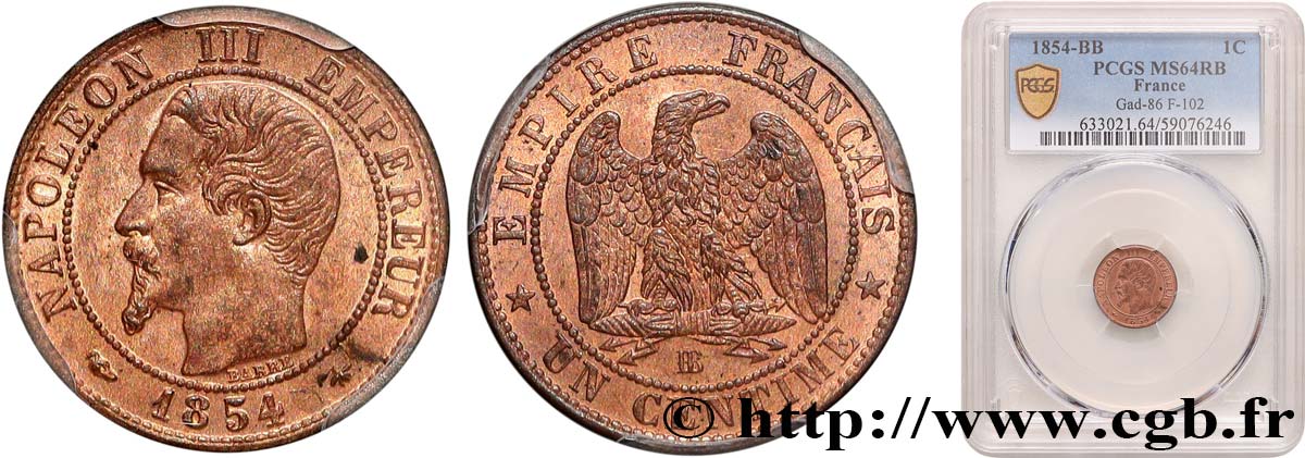 Un centime Napoléon III, tête nue 1854 Strasbourg F.102/11 SPL64 PCGS