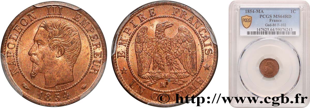 Un centime Napoléon III, tête nue 1854 Marseille F.102/14 SPL64 PCGS