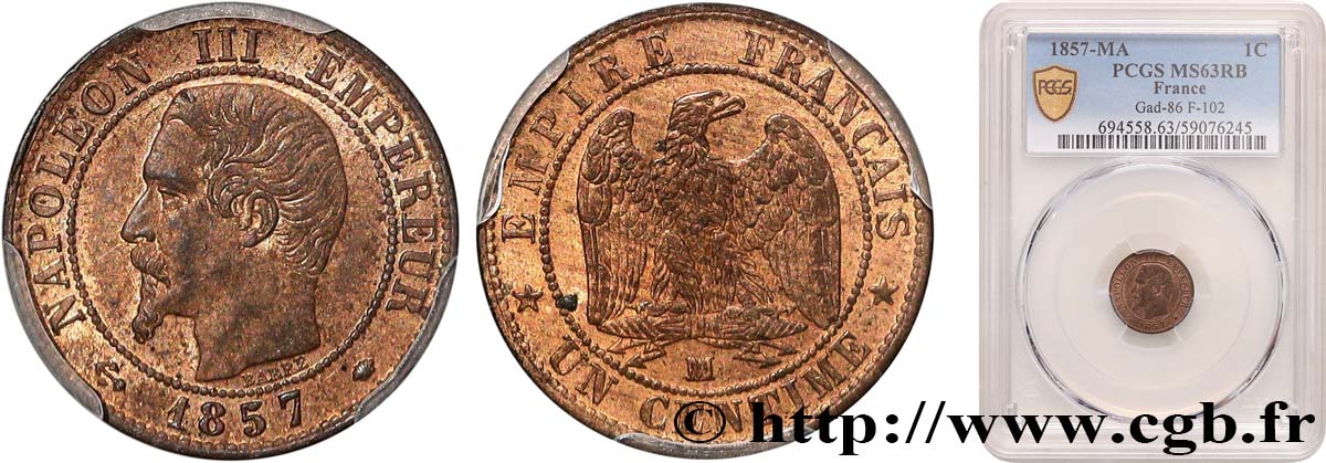 Un centime Napoléon III, tête nue 1857 Marseille F.102/37 SPL63 PCGS