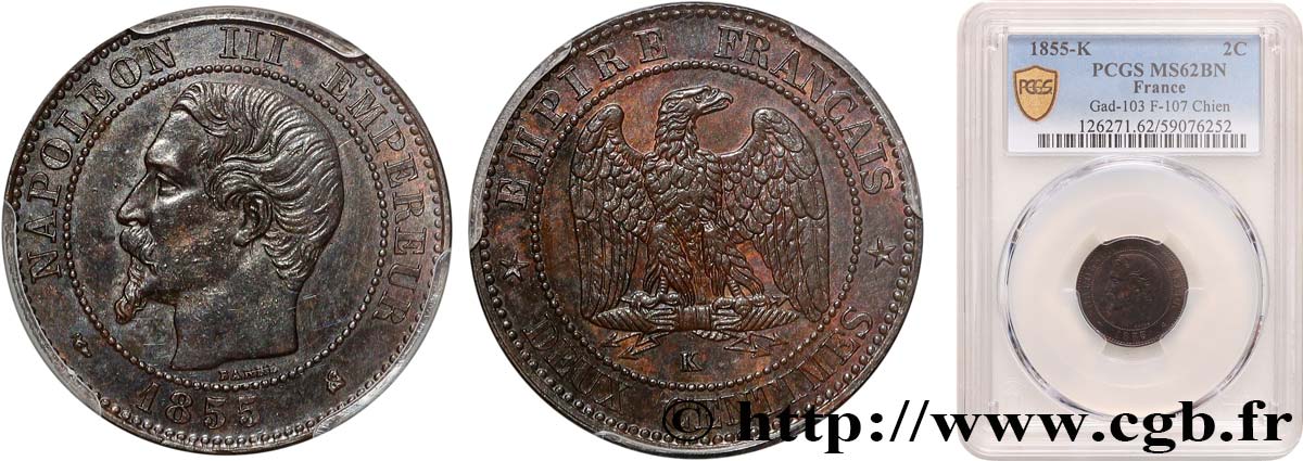 Deux centimes Napoléon III, tête nue 1855 Bordeaux F.107/33 SUP62 PCGS