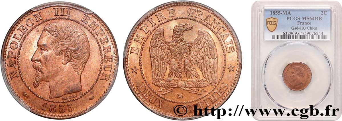 Deux centimes Napoléon III, tête nue 1855 Marseille F.107/35 SPL64 PCGS
