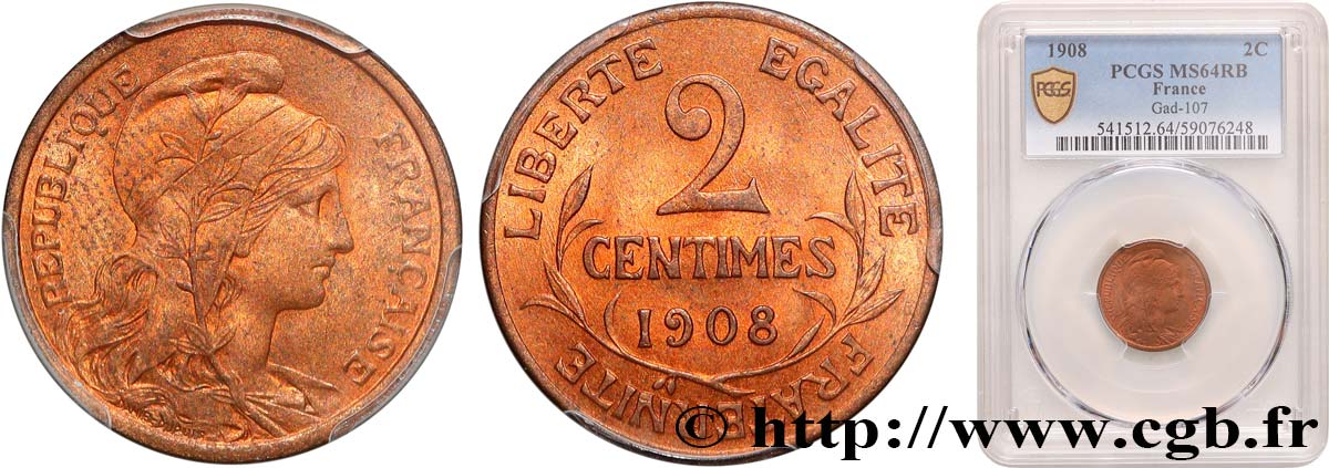 2 centimes Daniel-Dupuis 1908 Paris F.110/11 SPL64 PCGS