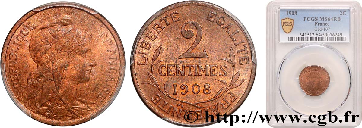 2 centimes Daniel-Dupuis 1908 Paris F.110/11 SPL64 PCGS