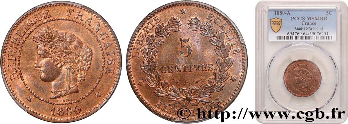 5 centimes Cérès 1880 Paris F.118/21 SPL64 PCGS