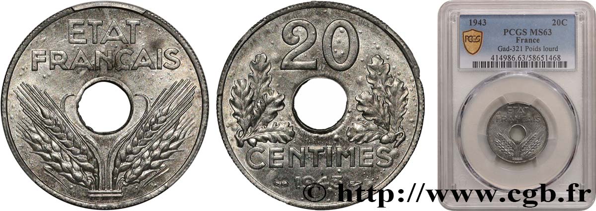20 centimes État français, lourde 1943  F.153/5 SPL63 PCGS