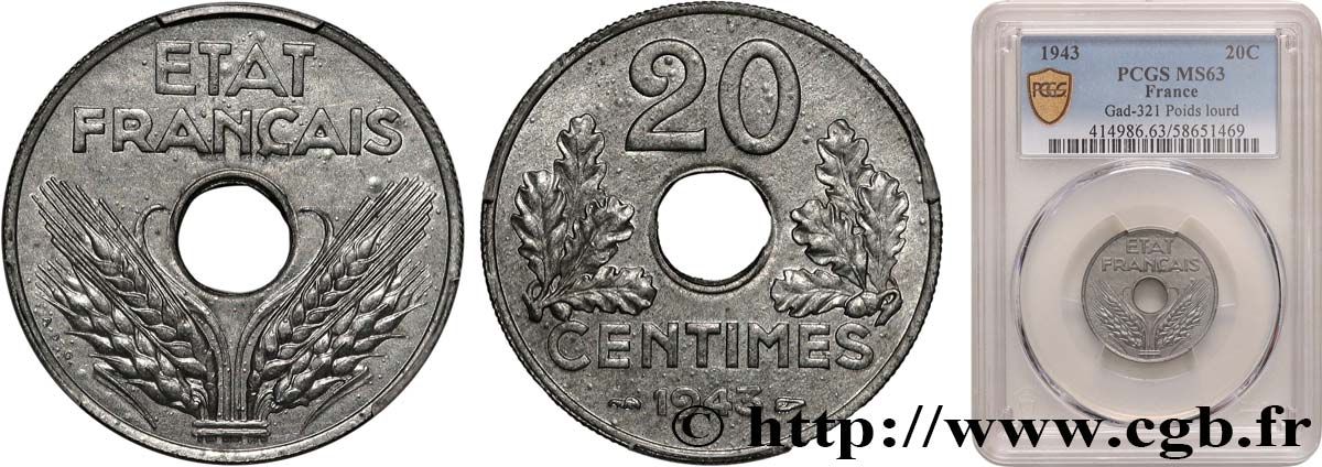 20 centimes État français, lourde 1943  F.153/5 SPL63 PCGS