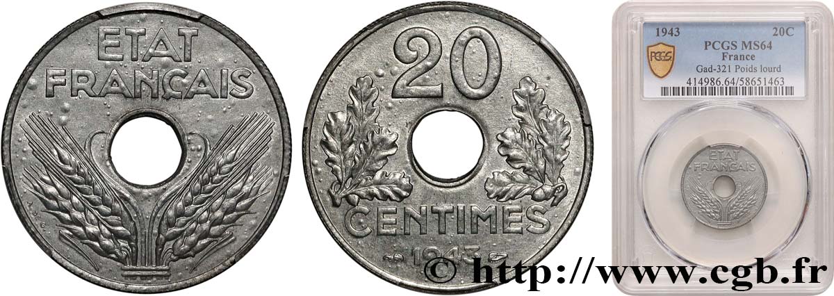 20 centimes État français, lourde 1943  F.153/5 SPL64 PCGS
