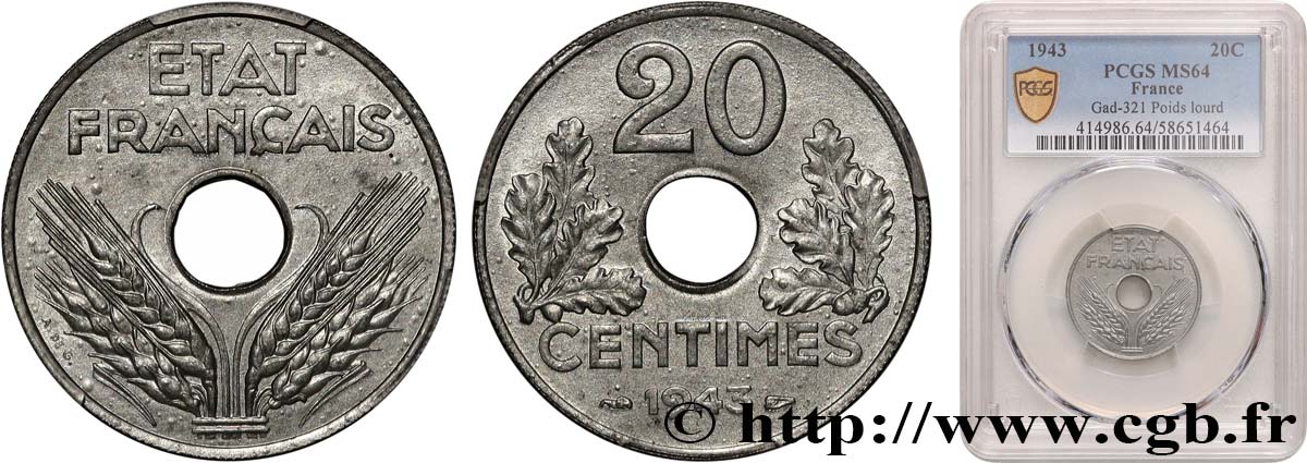 20 centimes État français, lourde 1943  F.153/5 SPL64 PCGS
