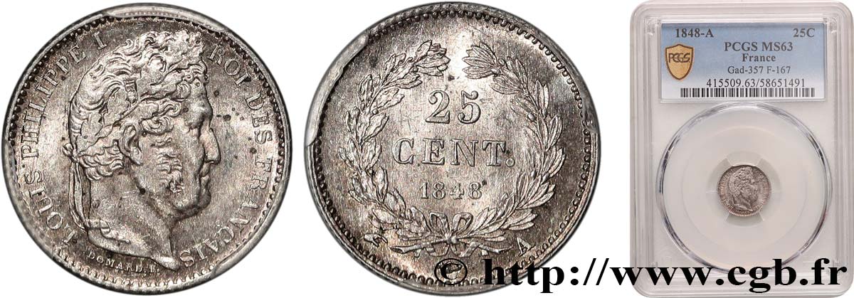 25 centimes Louis-Philippe 1848 Paris F.167/12 SPL63 PCGS