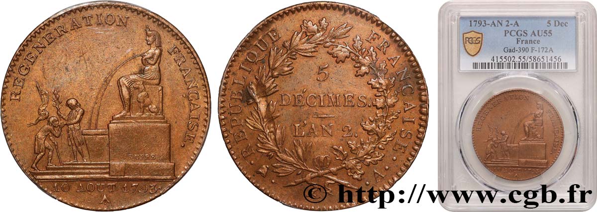 5 décimes, Régénération française 1793 Paris F.172A/1 SUP55 PCGS